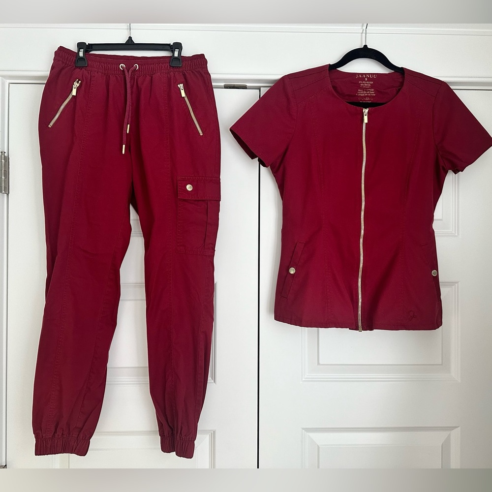 Jaanuu SET, Small, ROSE WINE(cargo pants and biker top, gold zippers/ hardware)